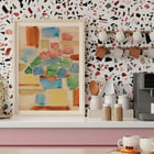 Abstract watercolor painting by Alexej von Jawlensky titled Floral Still Life showing vibrant geometric shapes. Poster featuring Floral Still Life by Alexej von Jawlensky with vibrant mosaic of abstract shapes in red blue and green tones