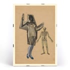 Collage of a woman and skeleton by Karl Wiener Girl and Death artwork Poster of a woman in a corset and skeleton illustration Girl and Death by Karl Wiener artwork on a beige background.