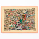 Political collage with newspaper clippings and geometric figure by Karl Wiener titled Political collage by Karl Wiener Poster of a political collage featuring a skull and newspaper clippings by Karl Wiener titled Political collage.
