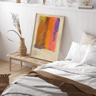 Vibrant abstract painting by Karl Wiener titled Farbstudien 10 Blätter VIII displaying bold colors and dynamic shapes. Poster of abstract painting with vibrant orange purple and pink hues titled Farbstudien 10 Blätter VIII by Karl Wiener