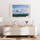 Watercolor landscape painting of a cloudy sky by Karl Wiener titled Naturstudie XXVII Poster of an abstract watercolor landscape with blue sky and forest Naturstudie by Karl Wiener
