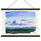 Watercolor landscape painting of a cloudy sky by Karl Wiener titled Naturstudie XXVII Poster of an abstract watercolor landscape with blue sky and forest Naturstudie by Karl Wiener