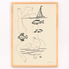 Drowned by Mikuláš Galanda surreal line drawing with fish and a boat Poster titled Drowned by Mikuláš Galanda depicting abstract human figure with fish and sailboat in minimalist black line art