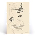 Drowned by Mikuláš Galanda surreal line drawing with fish and a boat Poster titled Drowned by Mikuláš Galanda depicting abstract human figure with fish and sailboat in minimalist black line art