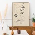 Drowned by Mikuláš Galanda surreal line drawing with fish and a boat Poster titled Drowned by Mikuláš Galanda depicting abstract human figure with fish and sailboat in minimalist black line art