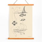 Drowned by Mikuláš Galanda surreal line drawing with fish and a boat Poster titled Drowned by Mikuláš Galanda depicting abstract human figure with fish and sailboat in minimalist black line art