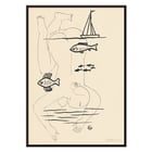 Drowned by Mikuláš Galanda surreal line drawing with fish and a boat Poster titled Drowned by Mikuláš Galanda depicting abstract human figure with fish and sailboat in minimalist black line art
