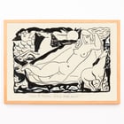 Venus Vignet by Leo Gestel featuring a reclining nude with horses and sun in abstract style Poster of a stylized black and white drawing featuring a reclining nude woman and horses by Leo Gestel titled Venus Vignet.
