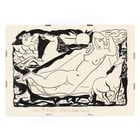 Venus Vignet by Leo Gestel featuring a reclining nude with horses and sun in abstract style Poster of a stylized black and white drawing featuring a reclining nude woman and horses by Leo Gestel titled Venus Vignet.