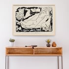 Venus Vignet by Leo Gestel featuring a reclining nude with horses and sun in abstract style Poster of a stylized black and white drawing featuring a reclining nude woman and horses by Leo Gestel titled Venus Vignet.