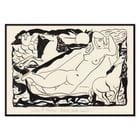 Venus Vignet by Leo Gestel featuring a reclining nude with horses and sun in abstract style Poster of a stylized black and white drawing featuring a reclining nude woman and horses by Leo Gestel titled Venus Vignet.