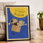 Poster of Le Voyage de Babar by Jean de Brunhoff featuring elephants in a basket under a yellow balloon on a blue background.