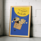 Poster of Le Voyage de Babar by Jean de Brunhoff featuring elephants in a basket under a yellow balloon on a blue background.