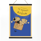 Poster of Le Voyage de Babar by Jean de Brunhoff featuring elephants in a basket under a yellow balloon on a blue background.