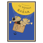 Poster of Le Voyage de Babar by Jean de Brunhoff featuring elephants in a basket under a yellow balloon on a blue background.