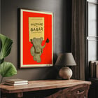 Illustration of a cheerful elephant carrying a hat from Histoire de Babar by Jean de Brunhoff. Poster of an elephant holding a hat by Jean de Brunhoff titled Histoire de Babar on a red background.