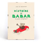 Cover illustration of Babar driving a red car from Babar en Voiture by Jean de Brunhoff. Poster of Babar en Voiture by Jean de Brunhoff featuring an elephant driving a red car with the text Histoire de Babar.