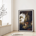 Tiger standing in cave entrance surrounded by lush vegetation by Jacques-Laurent Agasse Tiger in a Cave Poster of a painting titled Tiger in a Cave by Jacques–Laurent Agasse depicting a tiger standing in a cave with lush vegetation around.
