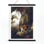 Tiger standing in cave entrance surrounded by lush vegetation by Jacques-Laurent Agasse Tiger in a Cave Poster of a painting titled Tiger in a Cave by Jacques–Laurent Agasse depicting a tiger standing in a cave with lush vegetation around.
