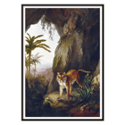 Tiger standing in cave entrance surrounded by lush vegetation by Jacques-Laurent Agasse Tiger in a Cave Poster of a painting titled Tiger in a Cave by Jacques–Laurent Agasse depicting a tiger standing in a cave with lush vegetation around.