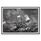 Il Kraken attacca una nave in mare in tempesta Il Kraken visto dall'occhio dell'immaginazione dell'artista Poster raffigurante un mostro marino che attacca una nave intitolata Il Kraken visto con l'occhio dell'immaginazione