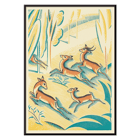 Illustration of gazelles in a colorful jungle scene by Clifford Webb titled A Jungle Picnic Pl.01 Gazelle Poster of gazelles running through a colorful jungle titled A Jungle Picnic Pl.01 Gazelle by artist Clifford Webb.