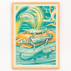 Clifford Webb artwork titled A Jungle Picnic Pl.03 Crocodile depicting crocodiles in a vibrant jungle setting Poster depicting crocodiles resting by a river under palm trees, artwork title A Jungle Picnic Pl.03 Crocodile by Clifford Webb