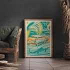 Clifford Webb artwork titled A Jungle Picnic Pl.03 Crocodile depicting crocodiles in a vibrant jungle setting Poster depicting crocodiles resting by a river under palm trees, artwork title A Jungle Picnic Pl.03 Crocodile by Clifford Webb
