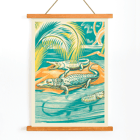 Clifford Webb artwork titled A Jungle Picnic Pl.03 Crocodile depicting crocodiles in a vibrant jungle setting Poster depicting crocodiles resting by a river under palm trees, artwork title A Jungle Picnic Pl.03 Crocodile by Clifford Webb