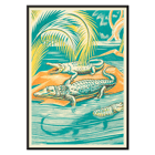 Clifford Webb artwork titled A Jungle Picnic Pl.03 Crocodile depicting crocodiles in a vibrant jungle setting Poster depicting crocodiles resting by a river under palm trees, artwork title A Jungle Picnic Pl.03 Crocodile by Clifford Webb