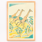 Giraffes in a vibrant landscape artwork by Clifford Webb titled A Jungle Picnic Pl.04 Girafe Poster showing three giraffes running through a colorful jungle titled A Jungle Picnic Pl.04 Girafe by Clifford Webb