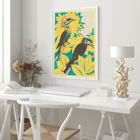 Colorful birds among yellow foliage by Clifford Webb in A Jungle Picnic Pl.07 Poster featuring an artwork A Jungle Picnic Pl 07 by Clifford Webb showing two birds with colorful plumage among stylized foliage.