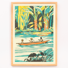 Three individuals in a canoe amidst dense jungle foliage A Jungle Picnic Pl by Clifford Webb Poster: Three people in a canoe rowing through a lush jungle river with vibrant greenery from A Jungle Picnic Pl.08 by Clifford Webb