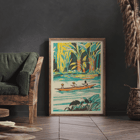 Three individuals in a canoe amidst dense jungle foliage A Jungle Picnic Pl by Clifford Webb Poster: Three people in a canoe rowing through a lush jungle river with vibrant greenery from A Jungle Picnic Pl.08 by Clifford Webb