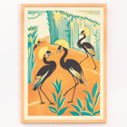 Colorful exotic birds in a jungle setting by Clifford Webb A Jungle Picnic Pl15 Poster featuring A Jungle Picnic Pl.15 by Clifford Webb with stylized birds and plants against an orange and green background.