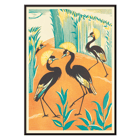 Colorful exotic birds in a jungle setting by Clifford Webb A Jungle Picnic Pl15 Poster featuring A Jungle Picnic Pl.15 by Clifford Webb with stylized birds and plants against an orange and green background.