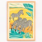Zebras drinking at a waterhole in vibrant jungle scenery by Clifford Webb in A Jungle Picnic Pl.25 Zebra Poster illustration of zebras drinking water in a vibrant jungle setting titled A Jungle Picnic Pl.25 - Zebra by Clifford Webb.