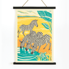 Zebras drinking at a waterhole in vibrant jungle scenery by Clifford Webb in A Jungle Picnic Pl.25 Zebra Poster illustration of zebras drinking water in a vibrant jungle setting titled A Jungle Picnic Pl.25 - Zebra by Clifford Webb.