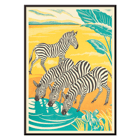 Zebras drinking at a waterhole in vibrant jungle scenery by Clifford Webb in A Jungle Picnic Pl.25 Zebra Poster illustration of zebras drinking water in a vibrant jungle setting titled A Jungle Picnic Pl.25 - Zebra by Clifford Webb.