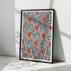 Dekoratives Blumenmuster von Owen Jones mit dem Titel Blumenmuster Beispiele für chinesische Ornamente Poster mit Blumenmuster-Kunstwerk mit dem Titel „Blumenmuster Beispiele für chinesisches Ornament“ von Owen Jones mit roten Blumen und blauen Blättern