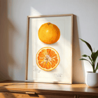 Illustration of Citrus nobilis by Amanda Almira Newton showing whole fruit and cross-section. Citrus fruit poster by Amanda Almira Newton displaying whole and halved orange with detailed illustration.
