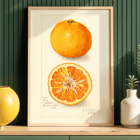 Illustration of Citrus nobilis by Amanda Almira Newton showing whole fruit and cross-section. Citrus fruit poster by Amanda Almira Newton displaying whole and halved orange with detailed illustration.