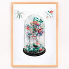 Wool Flowers Under Glass vibrant floral artwork by Frank J Mace. Poster of colorful flower bouquet under a glass dome titled Wool Flowers Under Glass by Frank J. Mace.