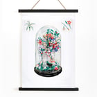 Wool Flowers Under Glass vibrant floral artwork by Frank J Mace. Poster of colorful flower bouquet under a glass dome titled Wool Flowers Under Glass by Frank J. Mace.