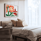 Amaryllis flower painting by Tanigami Kônan featuring vibrant red and green hues. Poster of vibrant Amaryllis flowers in red and green by artist Tanigami Kônan showcasing detailed botanical illustration.
