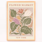 Colorful botanical illustration of flowers and leaves Flower Market New York by Moryarty Poster titled Flower Market - New York by Moryarty featuring a vibrant illustration of multicolored flowers and leaves.