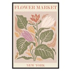 Colorful botanical illustration of flowers and leaves Flower Market New York by Moryarty Poster titled Flower Market - New York by Moryarty featuring a vibrant illustration of multicolored flowers and leaves.