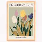 Bunte Tulpen Kunstwerk Blumenmarkt Amsterdam von Moryarty Poster mit dem Titel Flower Market - Amsterdam von Moryarty mit bunten Tulpen im Retro-Design und erdigem grünem Hintergrund
