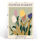 Bunte Tulpen Kunstwerk Blumenmarkt Amsterdam von Moryarty Poster mit dem Titel Flower Market - Amsterdam von Moryarty mit bunten Tulpen im Retro-Design und erdigem grünem Hintergrund