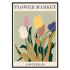 Bunte Tulpen Kunstwerk Blumenmarkt Amsterdam von Moryarty Poster mit dem Titel Flower Market - Amsterdam von Moryarty mit bunten Tulpen im Retro-Design und erdigem grünem Hintergrund